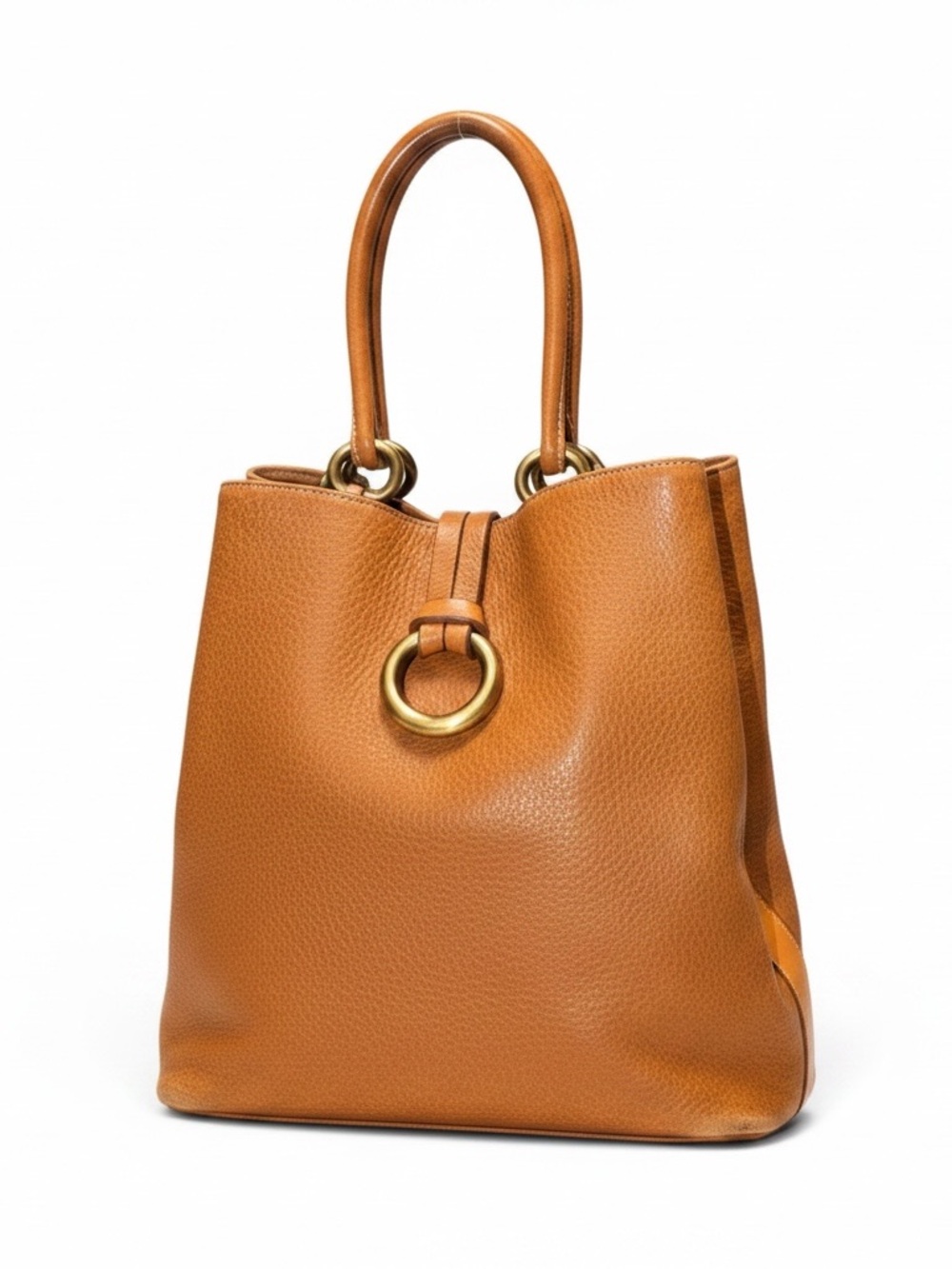 PuntoTres Cognac Genuine Leather Bucket Shoulder Bag Made in Spain